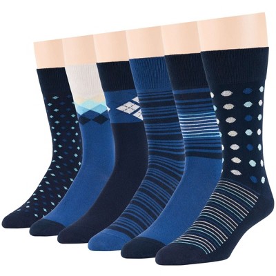 Men Cotton Patterned Dress Sock - 6 Pack - Argyle, Stripe, Dot - Shoe Size 9-12 L - Black, Brown, Navy, Blue | 7BIGSTARS KINGDOM