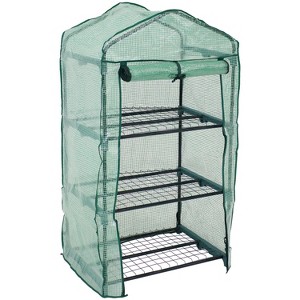 Sunnydaze Outdoor Portable Growing Rack 3-Tier Greenhouse with Roll-Up Door - 3 Shelves - Green - 1 of 4