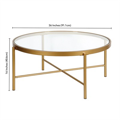 Brass 36" Round Glass Top Coffee Table with X-Base