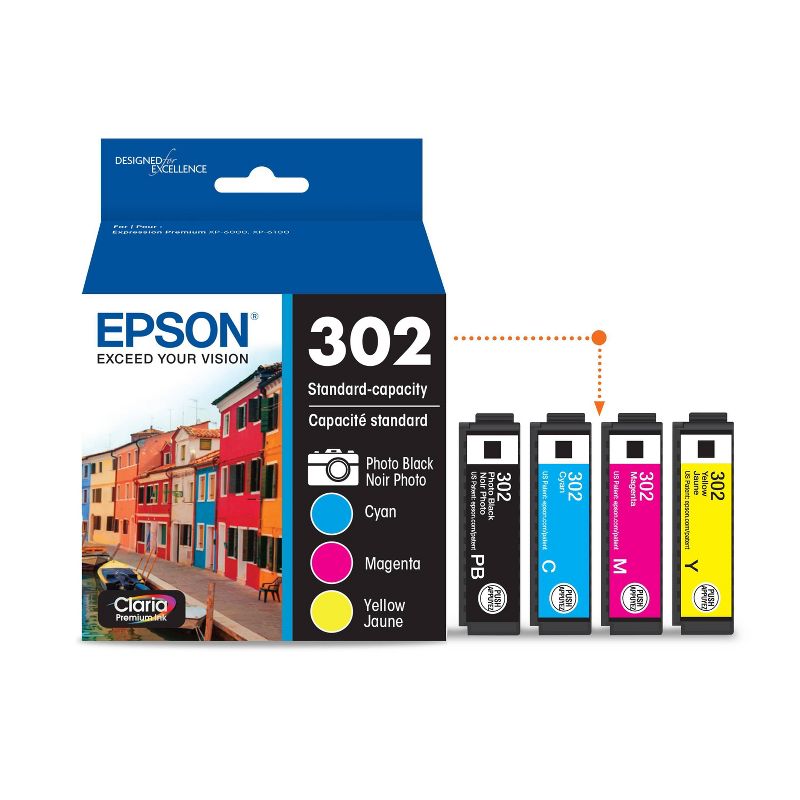 Epson 302 Black, C/M/Y 4pk Ink Cartridges - Black, Cyan, Magenta, Yellow (T302520-CP), 4 of 10