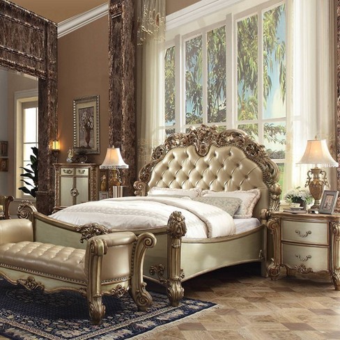 96" Queen Bed Vendome Bed Brass Synthetic Leather and Gold Patina Finish - Acme Furniture - image 1 of 4