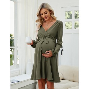 Womens Maternity Dress V Neck Long Sleeve Dress Puff Sleeve Dress - 1 of 4