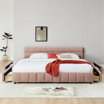 King Size Chenille Grounded Beds Frame with 4 Storage Drawers, Upholstered Floor Bed with Headboard and Solid Frame, No Box Spring Needed