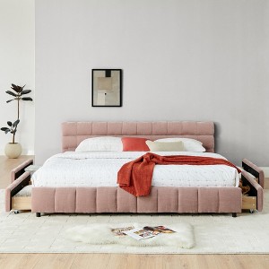 King Size Chenille Grounded Beds Frame with 4 Storage Drawers, Upholstered Floor Bed with Headboard and Solid Frame, No Box Spring Needed - 1 of 4