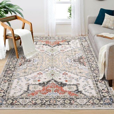 Boho Washable Rug Soft Oriental Printed Distressed Rug Vintage Floral Throw Carpet