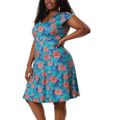 Agnes Orinda Women's Plus Size Regular Fit Deep V Neck Above Knee Cap  Sleeve Floral Dress Cyan 1x : Target