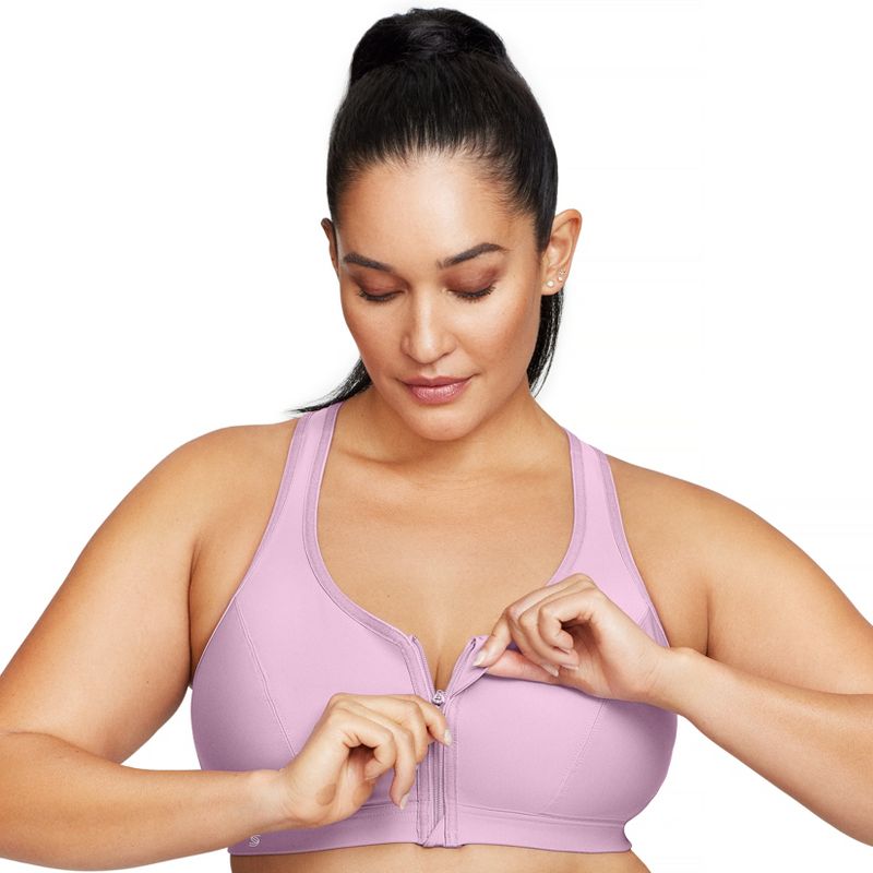 Glamorise Womens Zip Up Front-Closure Sports Wirefree Bra 9266 Lavender, 3 of 6