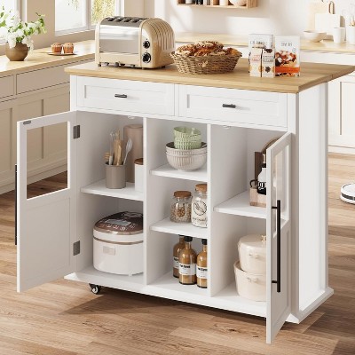 Homhougo Mobile Kitchen Island Car with Wheels, 2 Glass Doors, Spice Rack & Towel Holder Kitchen Island Cart with Trash Storage Cabinet