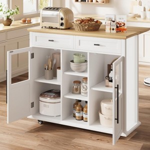 Homhougo Mobile Kitchen Island Car with Wheels, 2 Glass Doors, Spice Rack & Towel Holder Kitchen Island Cart with Trash Storage Cabinet - 1 of 4
