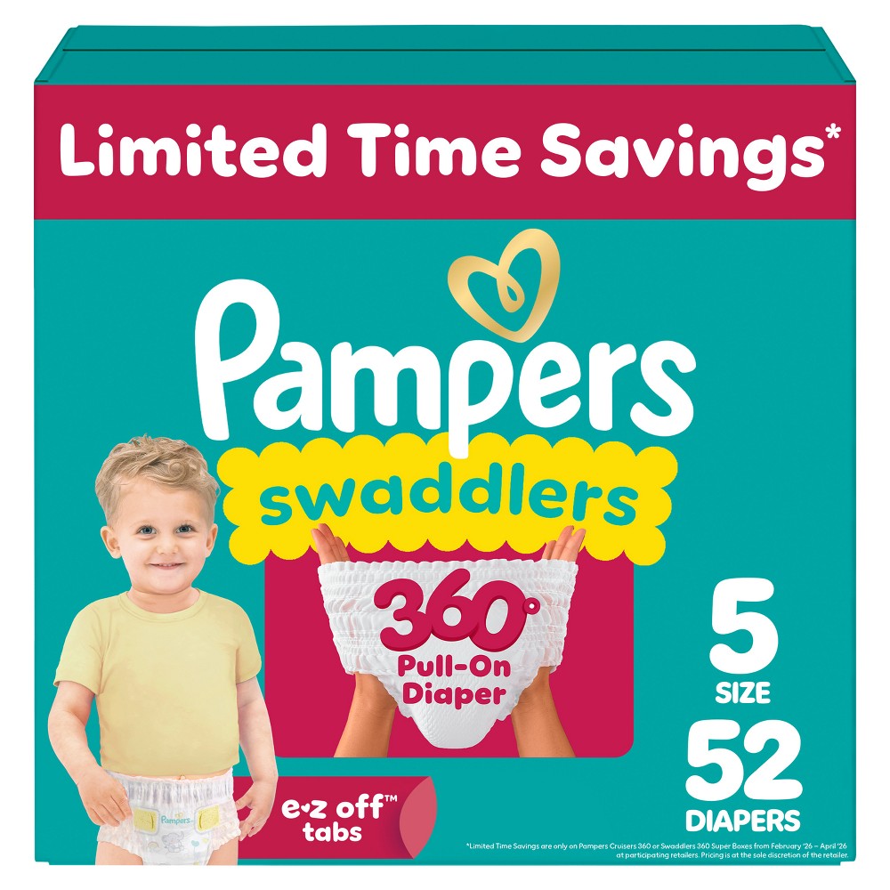 pampers swaddler 360 disposable baby diapers - size 5 - 52ct