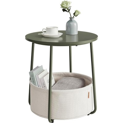 Simple Trending Small Bedside Table with Fabric Basket Forest Green + Cream White