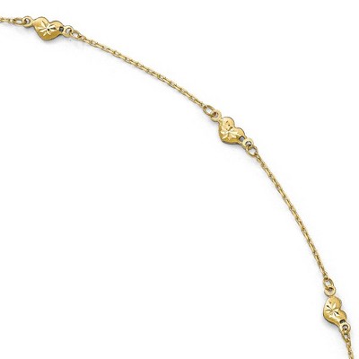 Black Bow Jewelry 14k Yellow Gold Brushed And Diamond-Cut Heart Station Anklet, 9-10 In