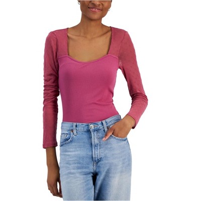 Crave Fame Womens Flocked Illusion Mesh Knit Blouse