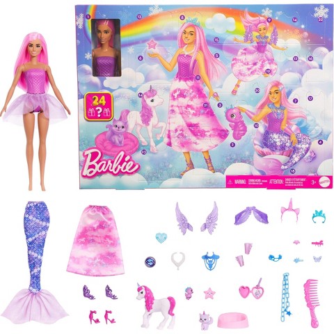 Детские куклы Barbie Advent Calendar with Doll & 24 Surprise Toy Accessories Including Unicorn & Pets, Transform Fashion Doll into Mermaid, Fairy & More