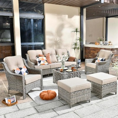 XIZZI 6 Pieces Wicker Conversation Set, 3-Seat Sofa with Cushion, High Back Rattan Chairs, Ottomans and Coffee Table for Garden Backyard