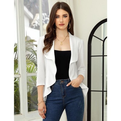 YesFashion Womens Classic 3/4 Sleeve Blazer Draped Open Front Jackets Lapel Work Office Cropped Blazer