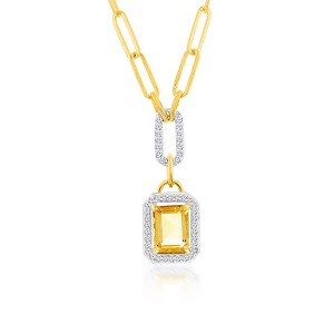 Simona Sterling Silver, Emerald-Cut 7X9 Citrine, White Topaz Border, Paperclip Necklace - Gold Plated - Yellow - 18 Inch - 1 of 2