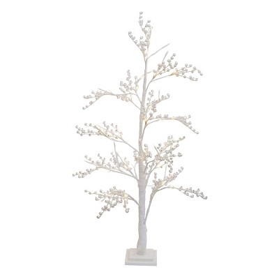Season's Designs 4.3 ft Snow White Article Branch Tree with White Berries and Wooden Base Christmas Decoration for Indoor or Outdoor Use 48 LED Warm