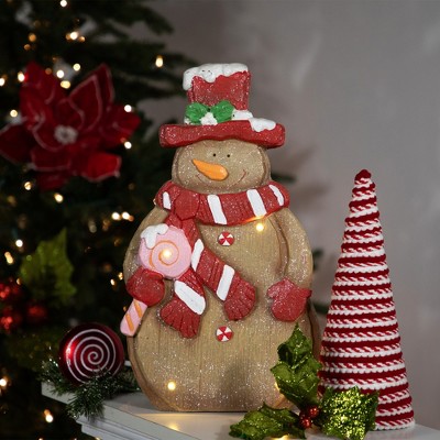 Festive LED Lighted Gingerbread Snowman Figurine with Red Mittens