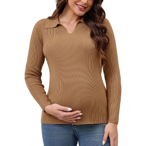 INSPIRE CHIC Women's Maternity Tops Sweater Long Sleeve Turndown V Neck Tunic Blouse Pregnancy Clothes - 1 of 4