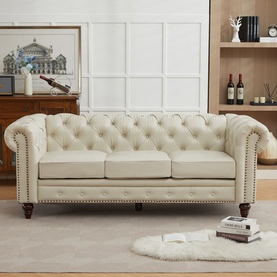 HYLEORY 84" Leather Chesterfield Sofas for Living Room, Rolled Arm 3-Seater Large Couch Deep Button Nailhead Tufted Couches for Office Apartment