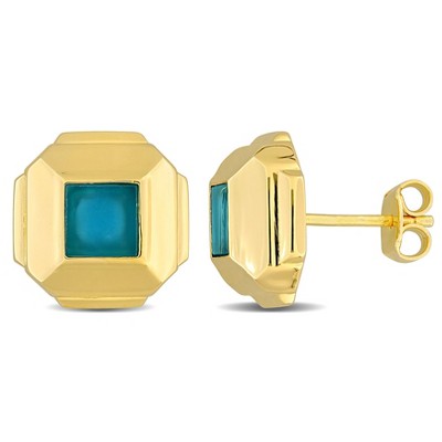 EVERLY JEWELRY | Yellow Plated Sterling Silver 3/4 CT TGW Square Blue Agate Stud Earrings