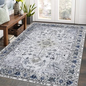 Washable Area Rug Vintage Distressed Flower Rug Non Slip Non Shedding Floor Carpet, Soft Low Pile Thin Rug - 1 of 4