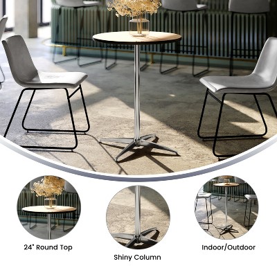 Marrel 24" Round Oak Top Outdoor Cocktail Table with Chrome Base