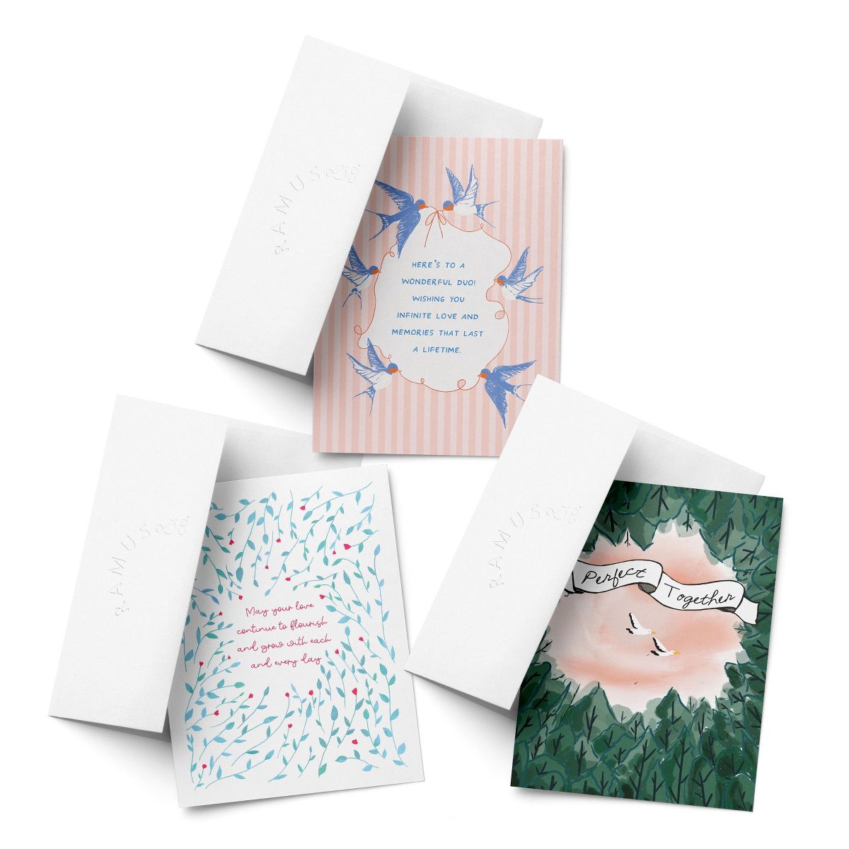 Wedding Greeting Card Pack Sets (3 ct, Assorted) Swallows Wedding Wishes, May Your Love, Perfect Together Birds by Ramus & Co
