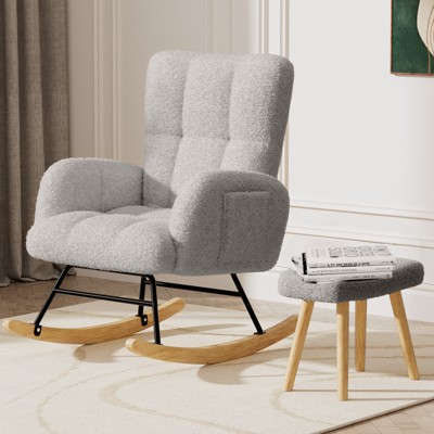 COMHOMA Modern Nursery Rocking Chair, Teddy Upholstered Glider Accent Chair with Side Pockets, High Backrest