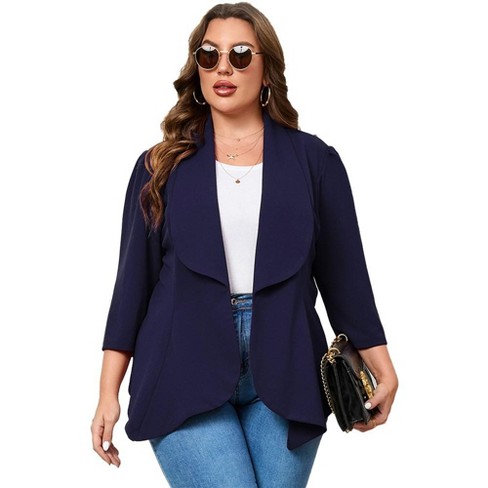 Whizmax Women s Plus Size 3 4 Sleeve Open Front Blazer Casual Long Sleeve Cardigan Jacket Office Longline Pelpum Blazer