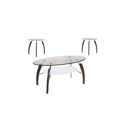 3pc Martini Coffee And End Table Set With Clear Glass Brown Cherry Chrome Acme Furniture Target