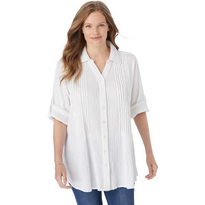 Woman Within Women's Plus Size Pintucked Button Down Gauze Shirt - 1 of 4