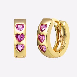 Guili Kids?/Teens Triple Stone Round Hoop Earrings in 14k Yellow Gold Plating with Heart Pink Cubic Zirconia, A Romantic & Timeless Design - 1 of 3
