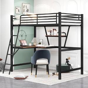 CAVINAS Twin Size Loft Bed with Desk Modern Metal Bed Frame with Storage Shelf and Inclined Ladder for Bedroom, Black - 1 of 4