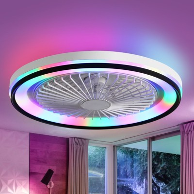 Modern Flush Mount Ceiling Fan 19''/42'' LED Enclosed Ceiling Fans Retractable Blade/Bladeless LED-RGB Ambient Light for Bedroom Kids Room Party
