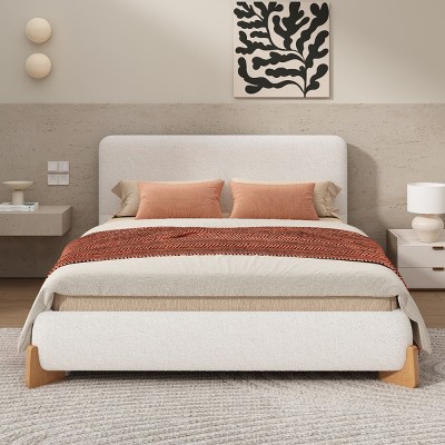 Platform Bed with Boucle Upholstered Headboard, Modern Minimalist Design Bed, Bed with Soft Textured Fabric and Wood Frame-Baofuwish
