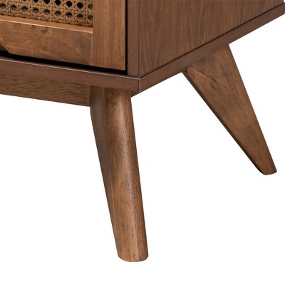 Rina Mid-Century Modern Walnut Wood Bedroom Set with Synthetic Rattan