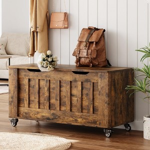 Storage Chest, Wooden Storage Bench with 4 Wheels, 39.4" Storage Trunk with 2 Safety Hinges, Supports 350 Lbs,Round Corner,U-Shape Cutout,for Entryway - 1 of 4