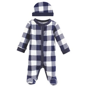 Hudson Baby Boys Thermal Preemie Sleep and Play and Cap, Navy Plaid, Preemie - 1 of 2