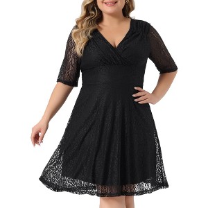 Agnes Orinda Women's Plus Size V Neck Swing Cocktail Wedding Midi Lace A-Line Dress - 1 of 4