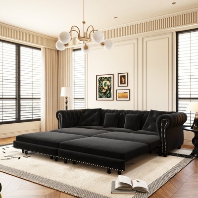 3-in-1 Sleeper Sofa Bed with Pull-Out Design,89" Velvet Convertible Sofa Bed with Movable Ottoman, King Size Sofa Bed for Living Room-Koiai