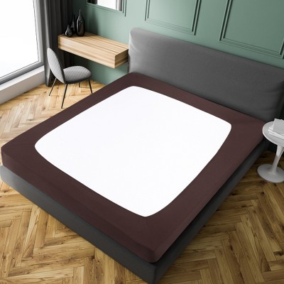 PiccoCasa Box Spring Cover Stretchy Fabric Wrap Around 4 Sides Bed Skirt Wrinkle Free for Home Brown Queen