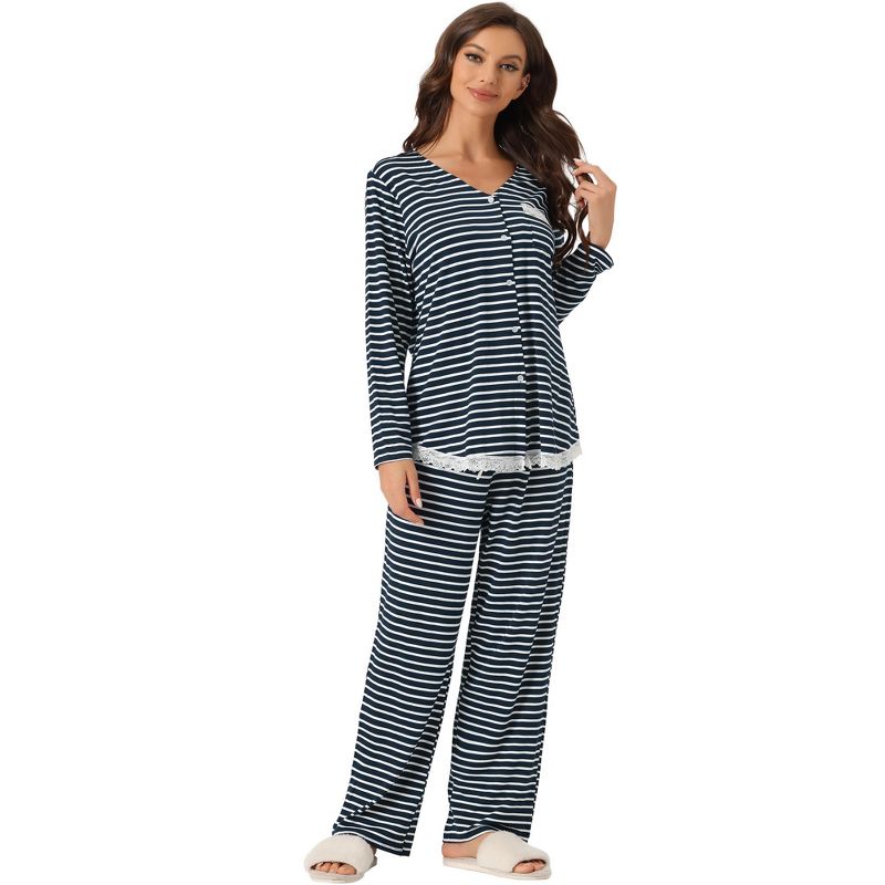 cheibear Women's Modal Casual Button Down Lounge Tops with Pants Stretchy Soft Pajama Sets, 2 of 6