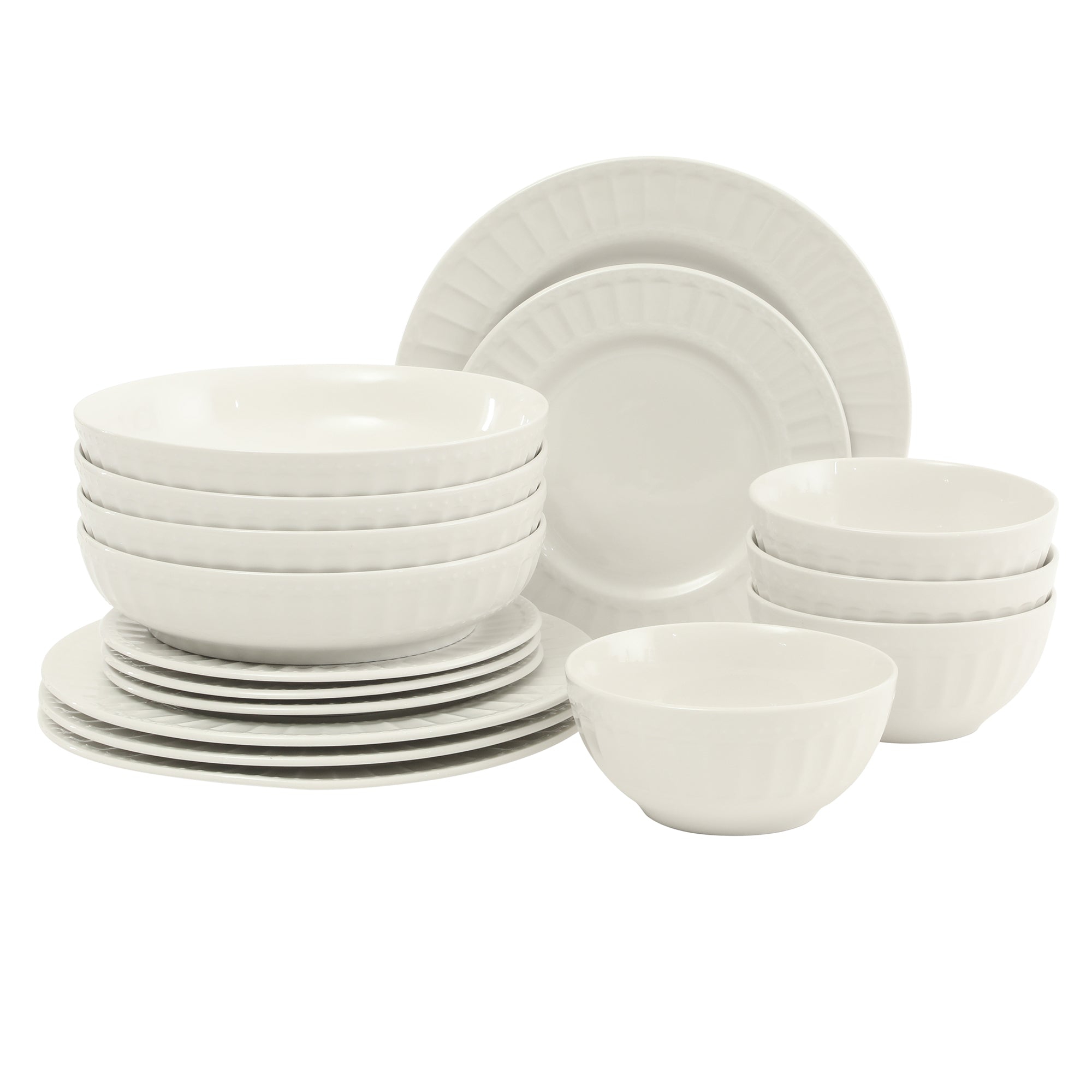 Gibson Home Melbourne White Plates and Bowls Set, 16 Piece Embossed Ceramic Dinnerware Set - Service for 4