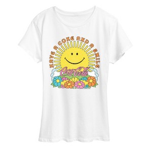 Women's - Coca-Cola - Have A Coke and Smile Retro Groovy Sun and Flowers Short Sleeve Graphic T-Shirt - 1 of 4