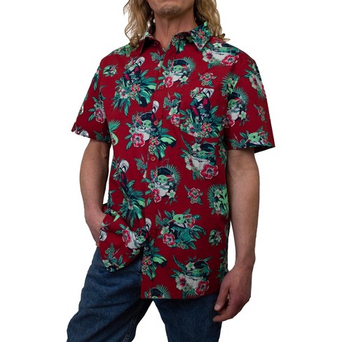 Men's Star Wars: The Mandalorian Grogu and Din Djarin Retro Hawaiian Print  Button Down Shirt - Red - 2X Large