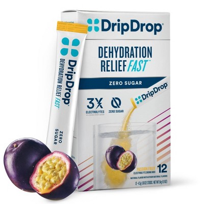 DripDrop Zero Sugar Hydration Powder Vegan Electrolyte Supplements - Passion Fruit - 0.16oz/12ct