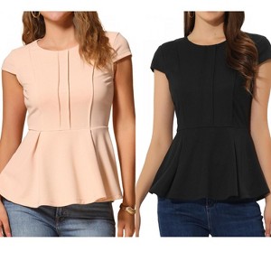 INSPIRE CHIC Women's Elegant Round Neck Cap Sleeve Solid Color Peplum Blouses 2 Packs - 1 of 4