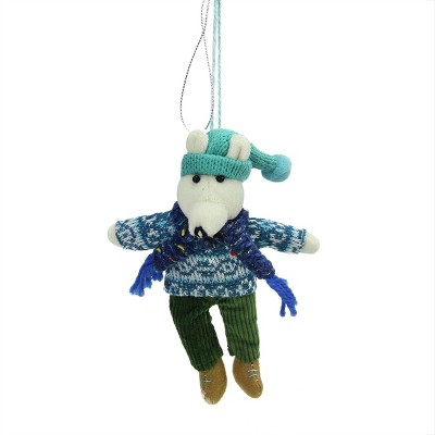 Ganz 6.25" Bohemian Holiday Plush Polar Bear Boy with Dangling Legs Christmas Ornament - Blue/Green